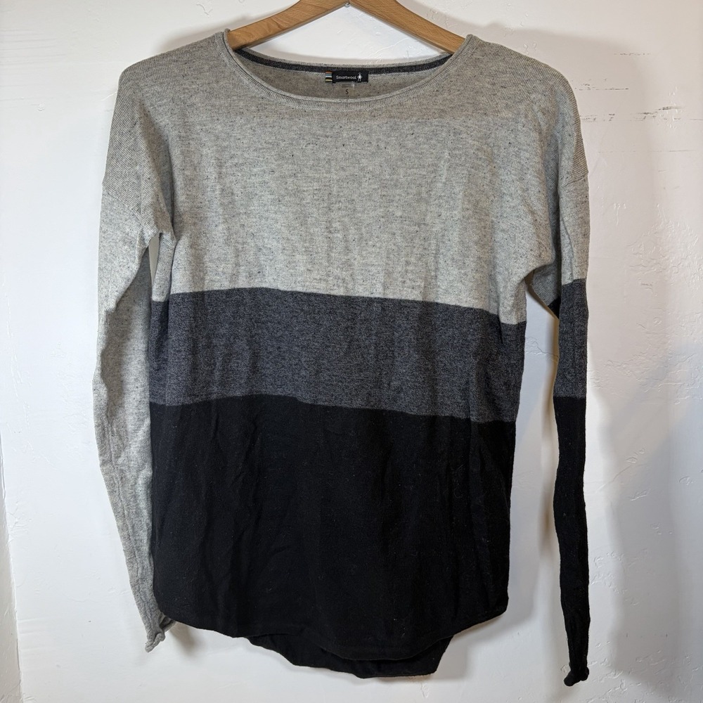 Smartwool Women's S Shadow Pine Crew Sweater Gray Black Colorblock Merino Wool - Picture 2 of 6